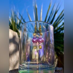 Gold stars and Purple faux pearl Crystal Earrings